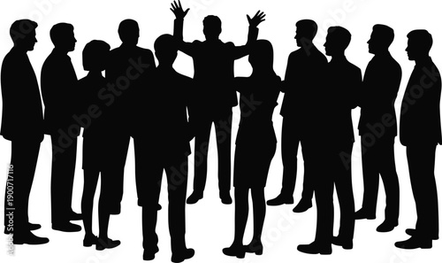 Business people group silhouette discussion, corporate community interaction concept, diverse professional team standing together scene, flat vector illustration