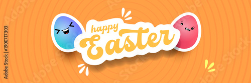 Happy Easter Bright orange horizontal header with text and friendly egg mascot character. Trendy seasonal banner for website backgrounds, social media promotions, and retail shop advertisements.
