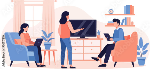 Three people in a living room, one on laptop, one by tv, one on tablet