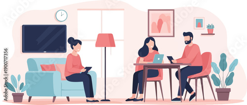 Three people in a living room, two on laptops, one with a tablet