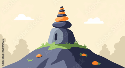 Stacked stones and clouds atop a hill in soft, muted colors
