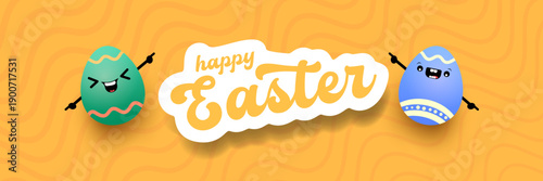 Happy Easter Bright orange horizontal header with text and friendly egg mascot character. Trendy seasonal banner for website backgrounds, social media promotions, and retail shop advertisements.