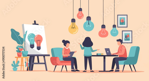 Team brainstorms ideas with light bulbs and art easel