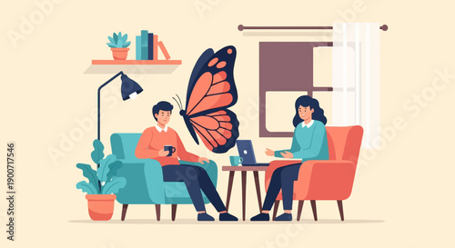 People in cozy armchairs with butterfly and laptop