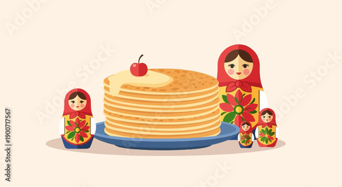 Stacked pancakes topped with creamy sauce and a cherry, surrounded by nesting dolls