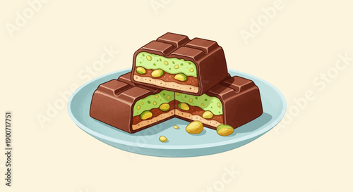 Stacked chocolate bars with pistachio and cream filling on a plate
