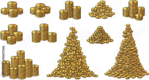 Stacks and piles of golden coins with dollar symbols