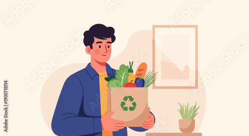 Person holding grocery bag with recycle symbol and fresh produce