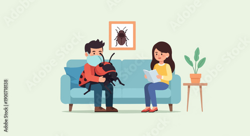 Person holding ladybug on couch while another reads a book