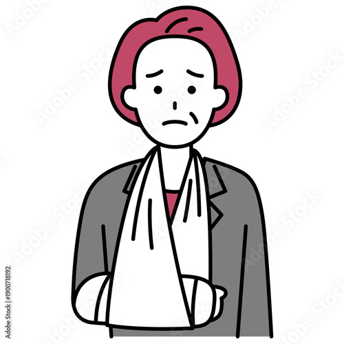 右腕を骨折している中年のスーツの女性