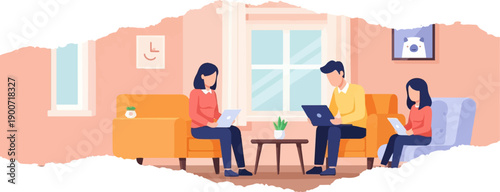 People working on laptops in a cozy room with furniture and windows