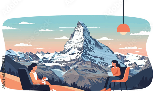 Serene mountain vista with two people relaxing and working
