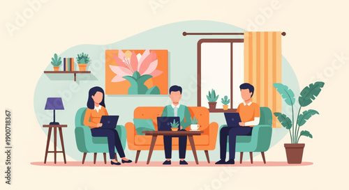 People working on laptops in a cozy room with plants and art