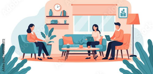 People working on laptops in a cozy, modern living room with plants