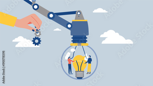 Vector illustration of robotic arm assembling lightbulb with people inside, symbolizing innovation and teamwork, for website, banner or presentation