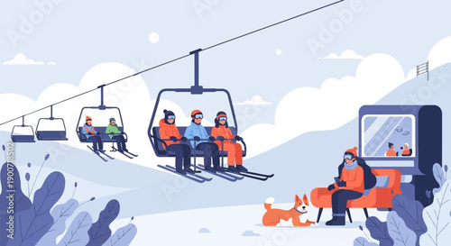 People on ski lift and in cabin with dog on snowy mountain