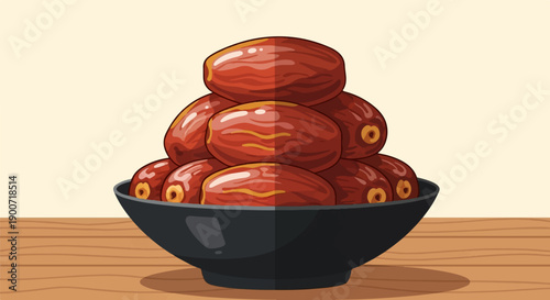 Pile of ripe dates in a black bowl on a wooden surface