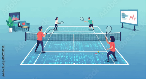 People playing tennis on a digital court with a cat watching from a sofa