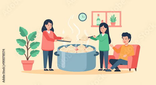 People preparing and enjoying steamed dumplings in a cozy home setting
