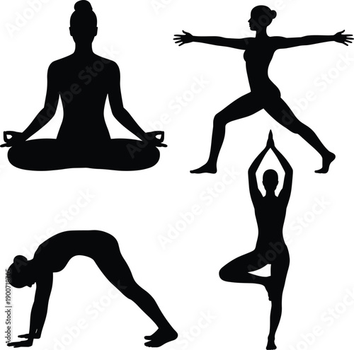 Yoga pose silhouette women practicing meditation balance flexibility wellness fitness concept, flat vector illustration isolated on white background set studio