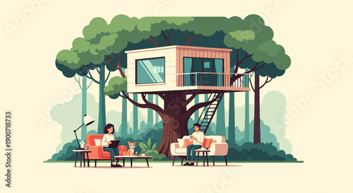 People relax in a forest setting near a treehouse, with one person working on a laptop