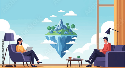People relax in a room overlooking a floating island in the sky
