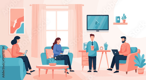 People working on laptops in a cozy living room with a TV and plants