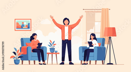 People relax in blue armchairs while one person stands with arms raised