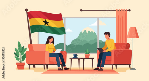 People relax indoors with a national flag and scenic mountain view