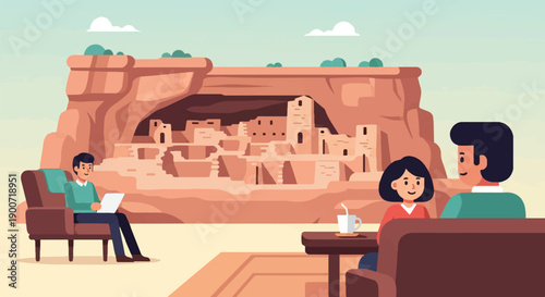 People relax indoors with view of ancient cliff dwellings and desert landscape