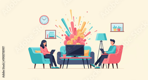 People relax on sofas in a room with a colorful explosion from a screen