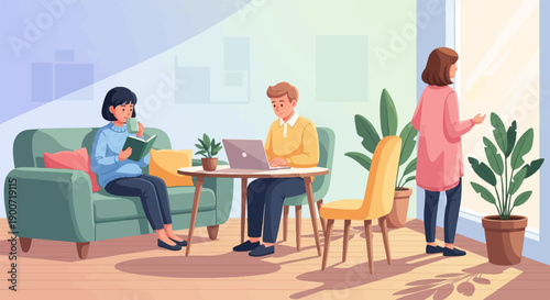 People relaxing and working indoors with houseplants