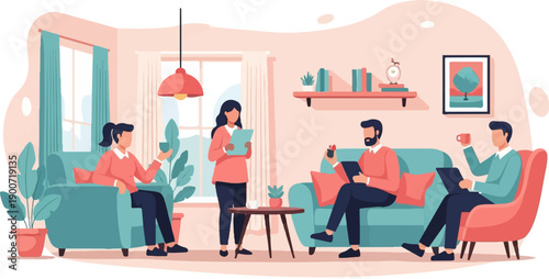 People relaxing and working in a modern living room with plants
