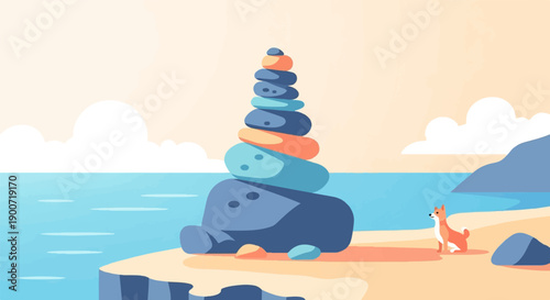 Serene coastal scene with balanced rocks and a contemplative canine companion