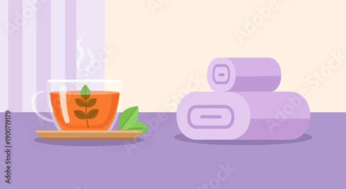Steaming herbal tea in glass cup with rolled towels, spa relaxation