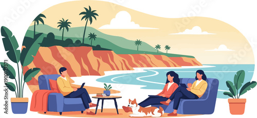 People relaxing by the ocean with a dog and palm trees