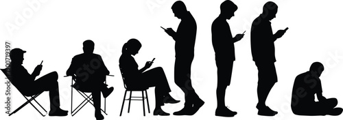 People using smartphones silhouette collection, mobile phone addiction concept, social media communication scene, modern lifestyle technology, flat vector illustration