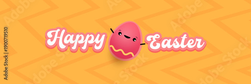 Happy Easter Bright orange horizontal header with text and friendly egg mascot character. Trendy seasonal banner for website backgrounds, social media promotions, and retail shop advertisements.