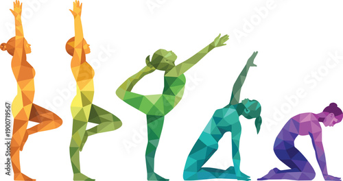 Colorful low poly yoga sequence illustration, abstract human body poses, balance flexibility meditation concept, geometric wellness fitness flat vector illustration