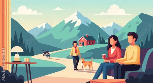 People relaxing in a scenic mountain landscape with a dog