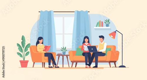 People relaxing in living room, reading and using laptop