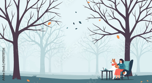 Serene autumn scene with a woman and dog resting under bare trees