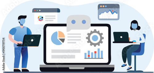 Vector illustration of two people working on laptops with a large computer screen displaying graphs and charts, for website or presentation, isolated on light blue background, png