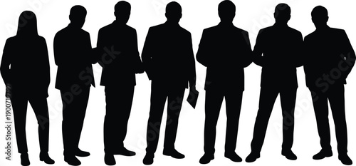 Business professionals standing together silhouette, corporate team unity concept, confident office staff group scene, flat vector illustration