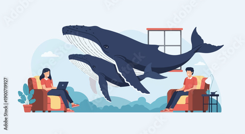 People relaxing indoors with giant whales swimming outside their windows