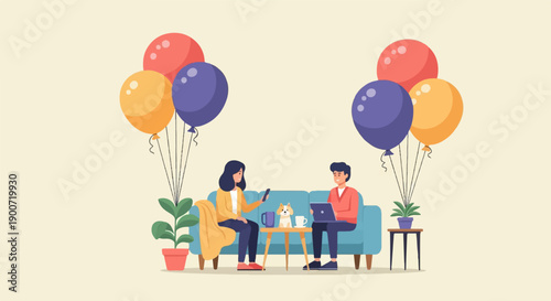 People relaxing on sofa with dog and balloons