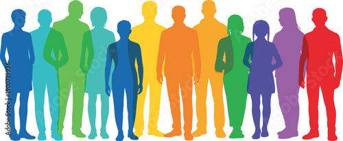 Colorful diverse people silhouettes illustration, inclusive multicultural community group, gender age identity representation, equality social concept, flat vector artwork design