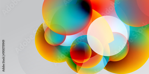 Abstract colorful circles overlap, creating vibrant gradients. Background contrasts dark, light areas. Modern design element.