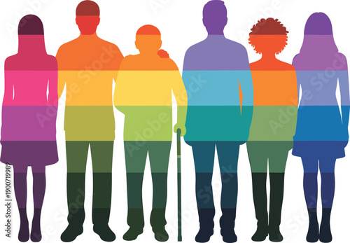 People diversity silhouettes illustration, inclusive community representation, gender age identity spectrum, equality social concept, colorful flat vector design artwork 
