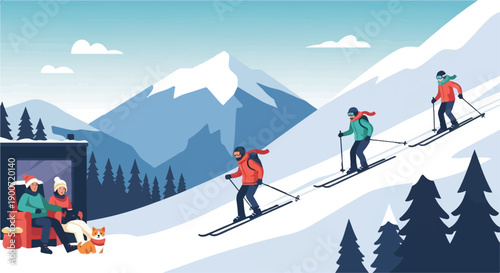 People skiing down snowy mountains near a cozy cabin with a dog
